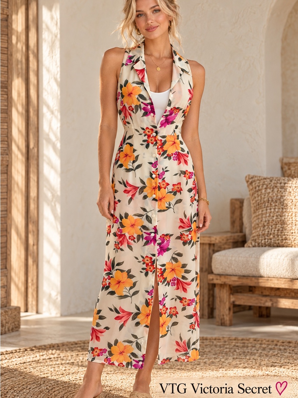 🌸RARE VTG 90’s Victoria's Secret Cream Tropical Print Halter Maxi Cover-Up M